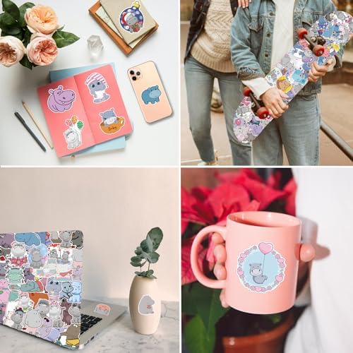 100 Pieces Hippo Stickers Cartoon Vinyl Waterproof Stickers for Laptop,Guitar,Motorcycle,Bike,Skateboard,Luggage,Phone,Hydro Flask, Gift for Kids Teen Birthday Party