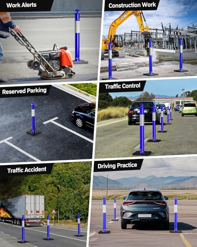 (3 Pack) BATTIFE Delineator Post with Base 45 ", Blue Traffic Delineator Cones with Reflective Collar for Construction Work, Driving Practice