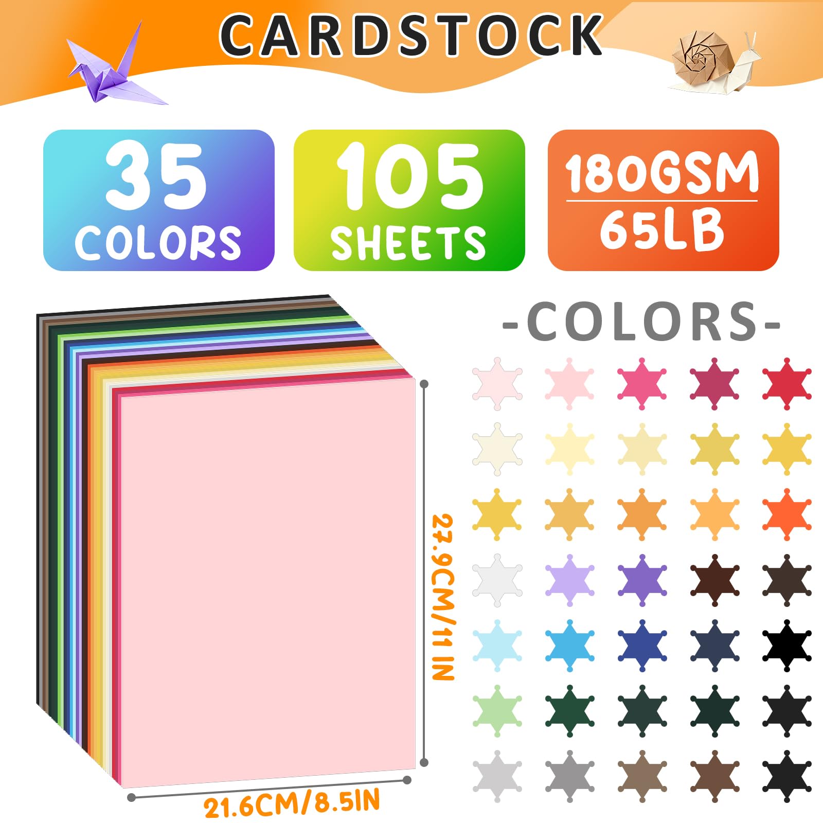 105 Sheets 8.5" X 11" Colored Card Stock Paper 35 Assorted Colored Cardstock Printer Construction Paper Card Making Supplies for Printer, Invitations, Scrapbooking, Diy Crafts (180gsm/65lb)