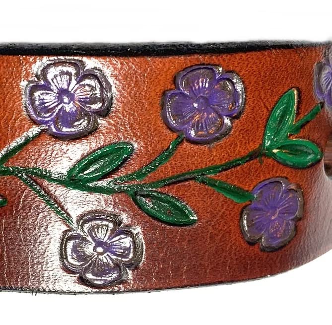 1 LEATHER HAIR BARRETTE, CLIPPED CORNER DESIGN PONYTAIL HOLDER, BRIGHTLY COLORED FLOWERS ON A MEDIUM BROWN BACKGROUND, CHOICE OF 4 GREAT COLORED FLOWERS