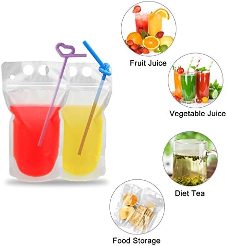 100 Pcs Drink Pouches with 100 Straw Holes, Freezable Juice Pouches, Translucent Reclosable Zipper Plastic Pouches Drink Bags for Cold & Hot Drinks for Adults and Kids