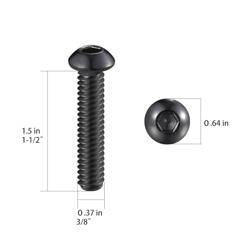 (20Pcs) 3/8-16 * 1-1/2 Button Head Socket Cap Bolts Screws, 304 Black Stainless Steel, Allen Hex Drive, Bright Finish, Fully Machine Thread