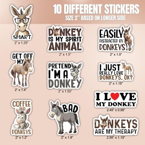 (10pcs) Donkey Stickers Donkey Lover Decals Funny Cute Mule Animal Lover Gifts Multiple Different Design Vinyl Stickers Waterproof UV- Resistant Suitable for Window Wall Water Bottle Laptop Car