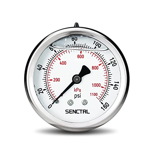 0-160 Psi Glycerin Liquid Filled Air Pressure Gauge, 2.5" Dial Size, 1/4" NPT Back Mount, Stainless Steel Case, for Water Pump, Tire, Large Air Compressor, Well, RV Regulator Pressure Test