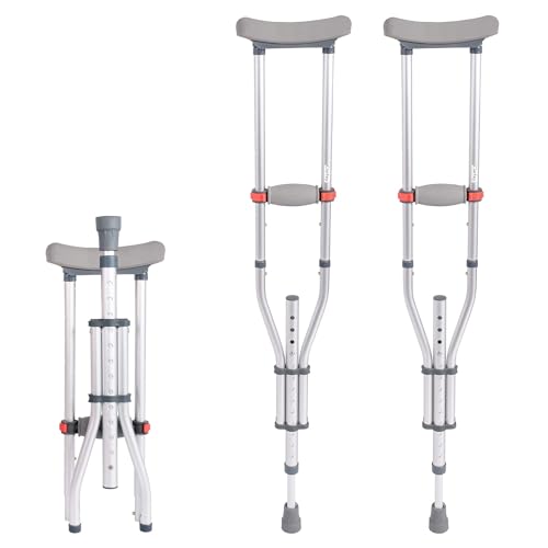 1 Pair Folding Aluminum Underarm Crutches for Adults and Teenager, 8 Adjustable Height for 4'7" to 6'7", 300 LBS Capacity Lightweight Adjustable Crutches with Underarm Pads, Great for Travel or Work