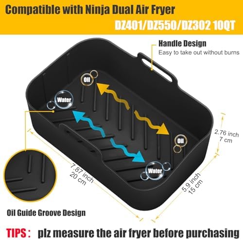 10QT Air Fryer Silicone Liners for Ninja DZ401/DZ550/SL401/SL451/DZ302,MMH 2Pcs Rectangle Food-Grade Airfryer Silicone Pot Reusable Replacement Baking Basket for Cosori 9QT 8-in-1 Dual Air Fryer,Black