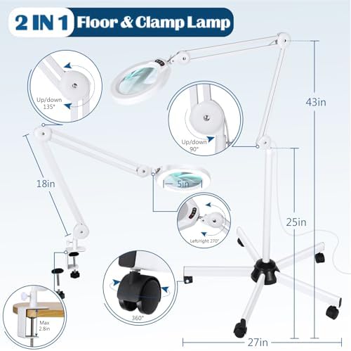10X Magnifying Glass with Light and Stand, Super Bright 2,200 Lumens LED Magnifying Floor lamp with 5 Wheels Rolling Base, 5 Color Modes Stepless Dimming Lighted Magnifier for Esthetician Facial Salon