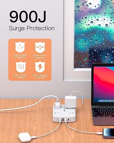 10FT Surge Protector Power Strip, Flat Extension Cord with 2 USB C, Flat Plug Power Strip, 4 Widely Outlets and 4 USB Charging Ports, Outlet Extender, 900 Joules, for Home Office Dorm Room Essentials