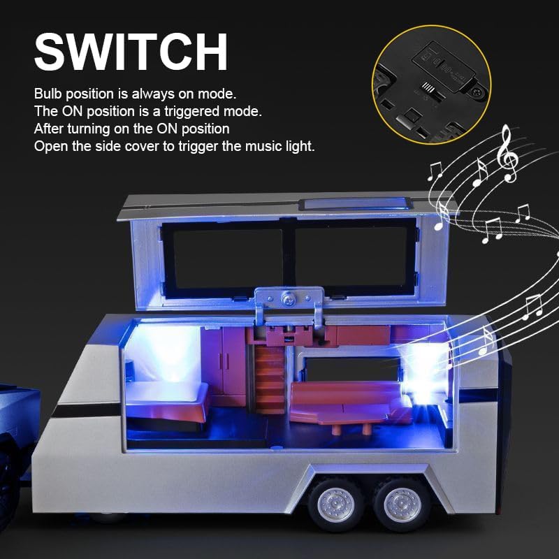 1/32 Cybertruck Toy Car Metal Model for Kid, Alloy Diecast Pickup Trailer RV Model Kit, Toy Truck with Sound and Light, Off-Road Vehicle Collection for Boy Girl Toddler Birthday