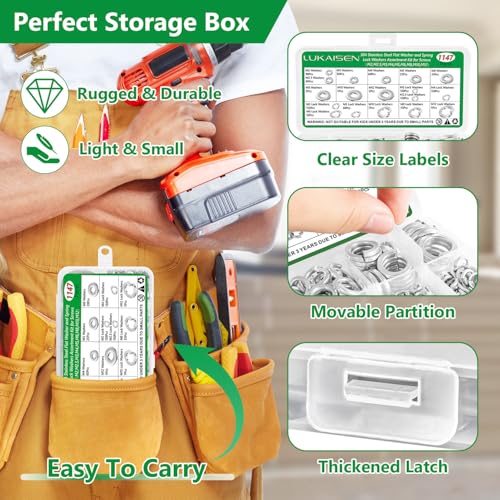 1147PCS Flat and Spring Lock Washers Assortment Kit, Metric Split Lock Washers for Screws Bolts, 304 Stainless Steel, 9 Sizes-M2 M2.5 M3 M4 M5 M6 M8 M10 M12 for Home, Factories, Kitchens, Shops
