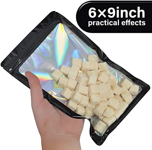 100-Pack 6×9 Inch Mylar Bags Holographic Resealable Sealable Packaging Zip Bag Small Bussiness Jewelry Candy Sample Food Packing Supplies,Black