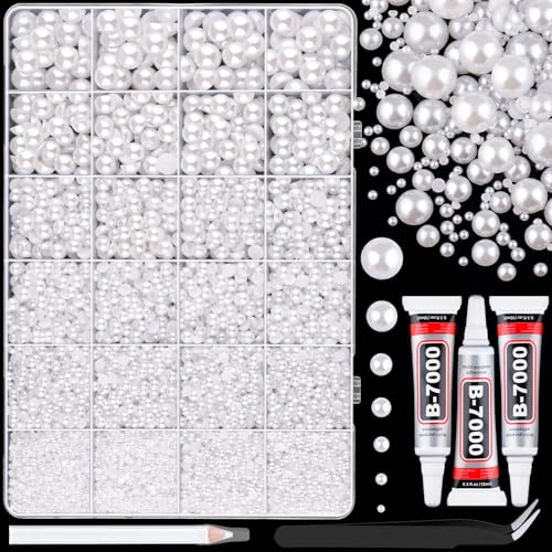 11000Pcs Flatback Pearls for Crafting (White), Assorted Size 2/3/4/5/6/8/10mm Half Pearl with 3Pcs 10ml B7000 Jewelry Glue, Bedazzling Bead for DIY Crafts Clothing Tumbler Shoes Embellishment Nail Art