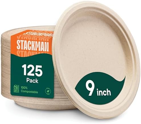 100% Compostable Paper Plates, Heavy Duty Disposable Plates [125-Pack] 9 Inch Plates - Eco-Friendly, Biodegradable Sugarcane Bagasse, Natural Unbleached Brown 9" Dinner Paper Plate Disposable