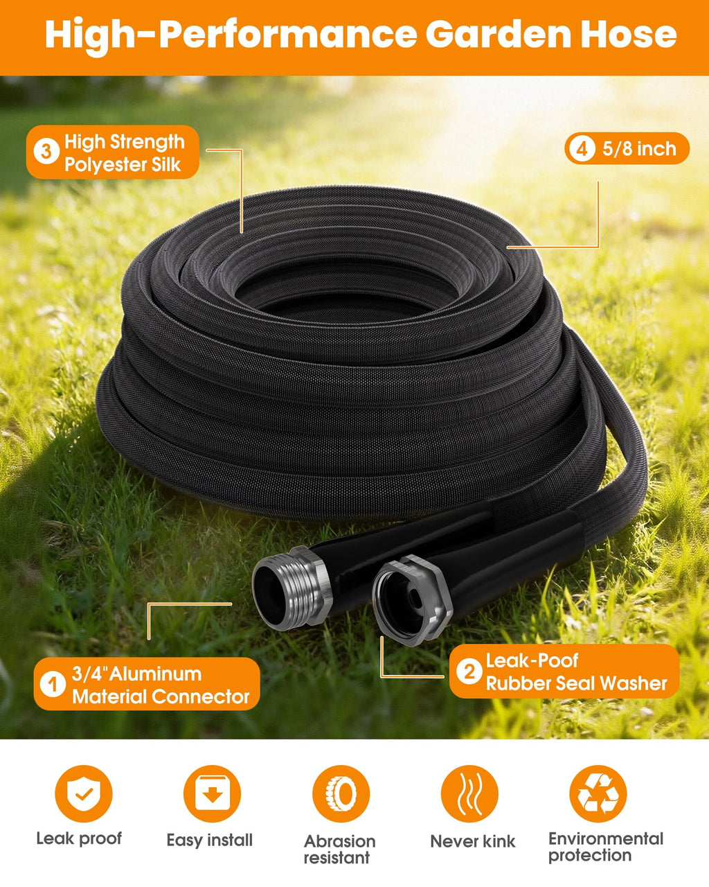 100 FT Garden Hose, Non-Expanding Water Hose, Ultra Flexible, Burst-Resistant, Kink-Free, High-Pressure Garden Hose for Easy All-Weather Use on Lawns, Gardens, and Outdoor Cleaning