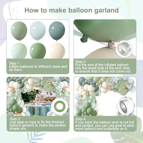150Pcs Dusty Blue Green Balloon Garland Arch Kit, Ash Mist Green Haze Fog Blue Sand White Gold Balloons for Baby Shower Jungle Safari Woodland Wild One Bridal Birthday Party Decorations