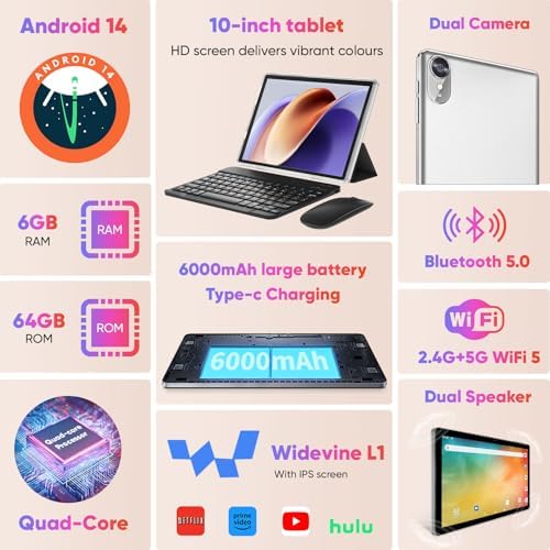 10 inch Android 14 Tablet, 6GB RAM 64GB ROM 1TB Expand, 2 in 1 Tablets with Keyboard, Case, Mouse, Stylus, 1280x800 IPS Touch Screen, WiFi 5, Bluetooth, Dual Camera, Tablet PC