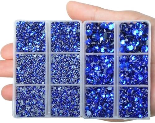 10000Pcs 2-Boxes Mixed Size Hot Fix Round Crystals Gems Glass Stones Hotfix Flat Back Rhinestones with Tweezers and Picking Pencil (Sapphire)