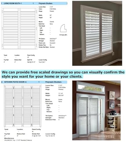 Plantation Shutters –Custom Made Window Blinds – No Front Tilt Rod - Easy DIY Installation – Interior Plantation Shutters -Privacy Blinds for Kitchen, Bath, Bedroom