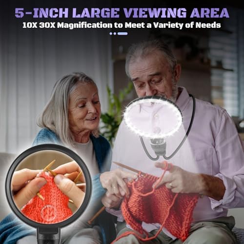 10X 30X Large Hands Free Magnifying Glass for Reading, Magnifying Glass with 3 Color LED Light, Flexible Gooseneck Magnifier for Reading,Sewing,Close Work, Seniors