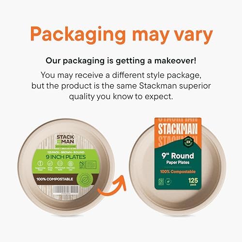100% Compostable Paper Plates, Heavy Duty Disposable Plates [125-Pack] 9 Inch Plates - Eco-Friendly, Biodegradable Sugarcane Bagasse, Natural Unbleached Brown 9" Dinner Paper Plate Disposable