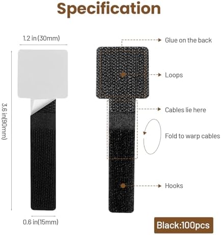 100pcs Hook and Loop Cable Ties, gliship Adhesive Wire Management, Adjustable Cable Straps Cord Wrappers Keeper Cord Holder, Sticky-Back Cord Organizer for Kitchen Appliances at Office, Home - Black