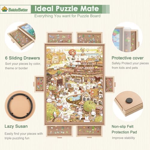 1500 Pieces Rotating Puzzle Board with 6 Drawers,26"x35" Portable Wooden Jigsaw Puzzle Table with Lazy Susan Spinning Cover