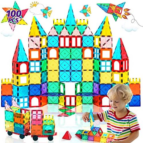 100PCS Magnetic Tiles Blocks for Kids Ages 3-5 4-8,STEM Learning Educational Preschool Magnet Building Toys for Toddlers,Christmas Birthday Gifts Toys for 3 4 5 6 7 8+ Year Old Boys Girls