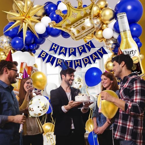 121pcs Royal Blue Gold Birthday Party Decorations with Happy Birthday Banner Foil Balloons for 16th 18th 21st 24th 32th 40th 50th 60th Birthday Decorations for Men