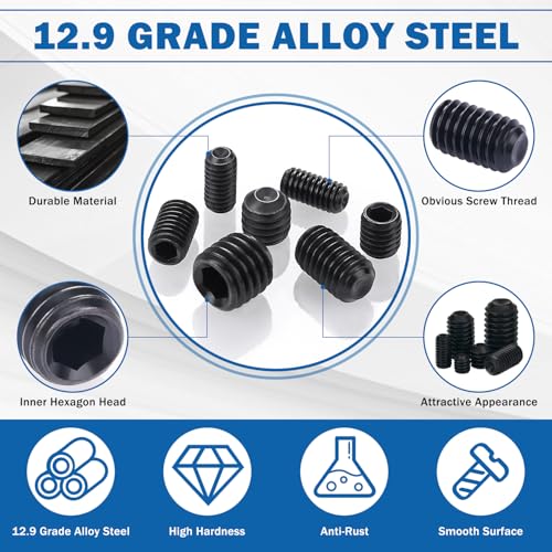 1130PCS Set Screws, 32 Sizes Metric & SAE Set Screw Assortment Kit, Allen Head Socket Hex Grub Screws for Bathroom Fixtures, Door Handles, Alloy Steel Black (M3-M8, 1/8"-40 to 5/16"-18)