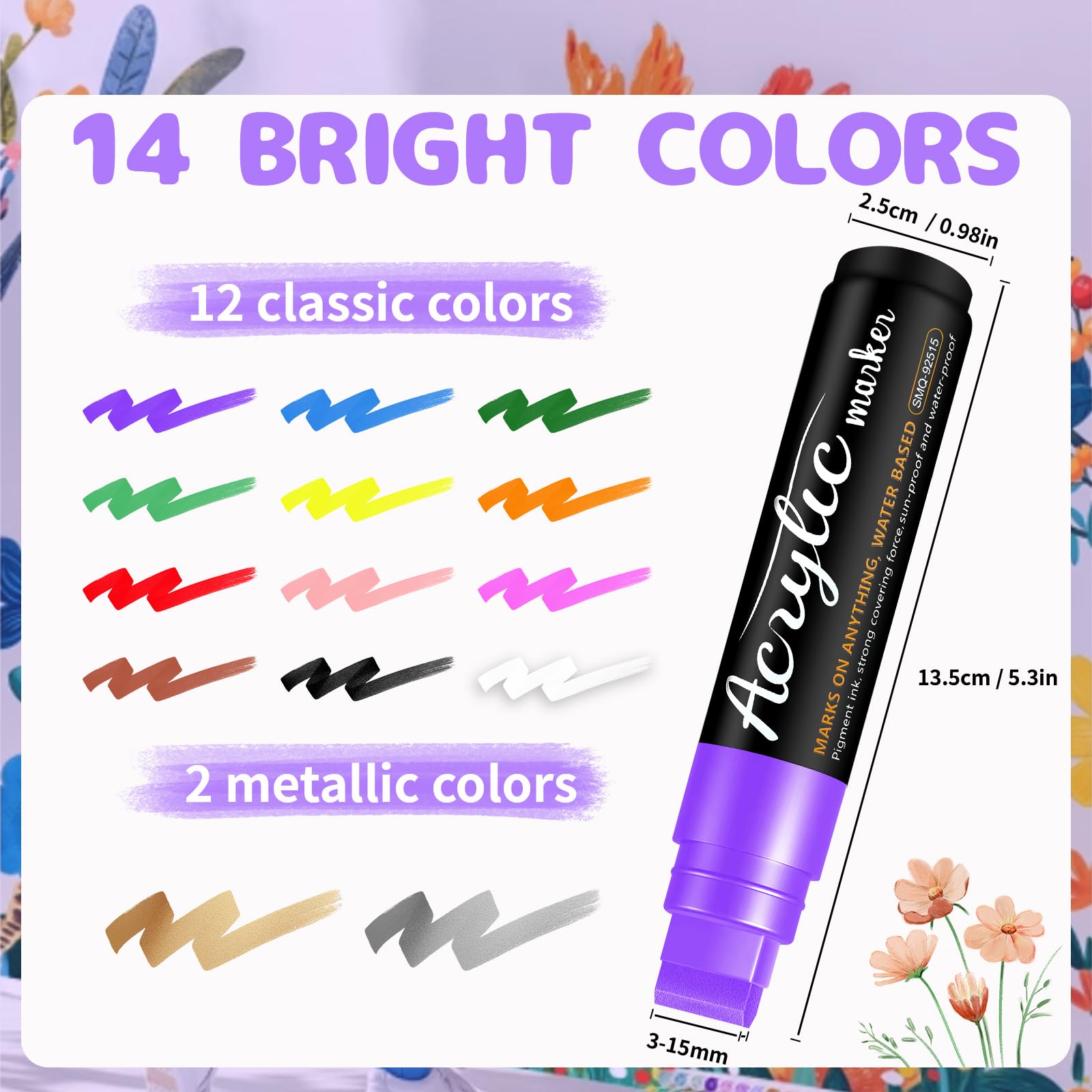 14 Colors Jumbo Markers, Jumbo Acrylic Paint Markers 15mm Wide Felt Tip Permanent Ink Pens for Poster, Rock Painting,Fabric,Glass, Wood, Stone, Ceramic & DIY Crafts, Vibrant Art Pens for Most Surfaces