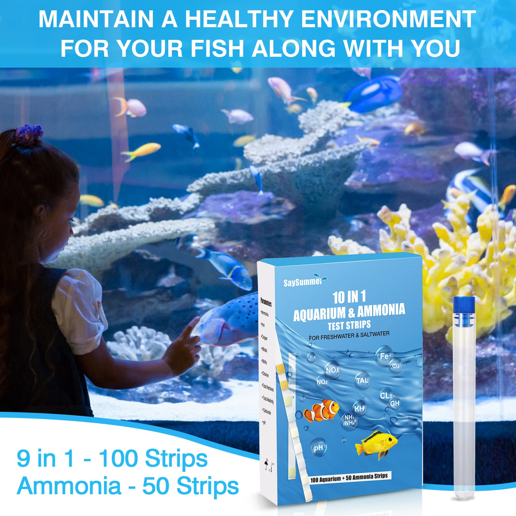 10 in 1 Ammonia Test Kit for Aquarium, 150ct Aquarium Ammonia Test Strips Freshwater Saltwater, Fish Tank Aquarium Test Strips Kit - Testing Ammonia and 9 More !
