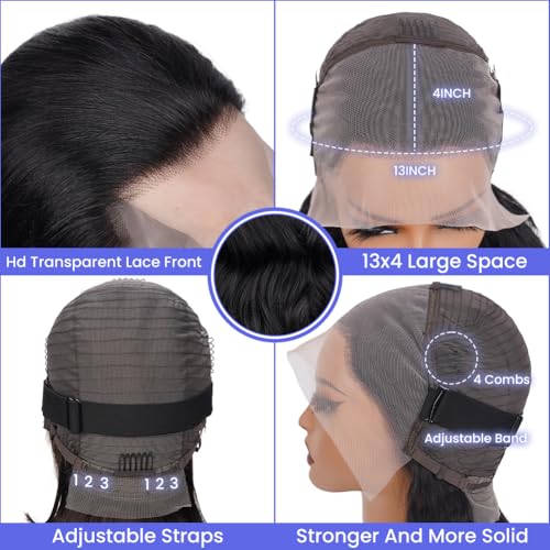 13x4 HD Transparent Lace Front Wigs Human hair Pre Plucked 180 Density Brazilian Body Wave Frontal Wigs Human Hair with Baby Hair Natural Hairline Natural Black Color 24 Inch