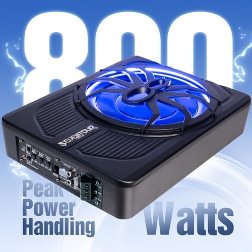 10" Upgrade 800W Slim Under Seat Powered Car Subwoofer, Car/Truck Audio Sub Built in Amplifier amp Combo Package, with Blue LED Light (Subwoofer+Installation Wire Kit)