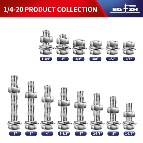 1/4-20 x 6" Hex Head Screw Bolt, Nuts, Flat & Lock Washers, 10Pcs 18-8 (304) Stainless Steel, Fully Threaded, by SG TZH