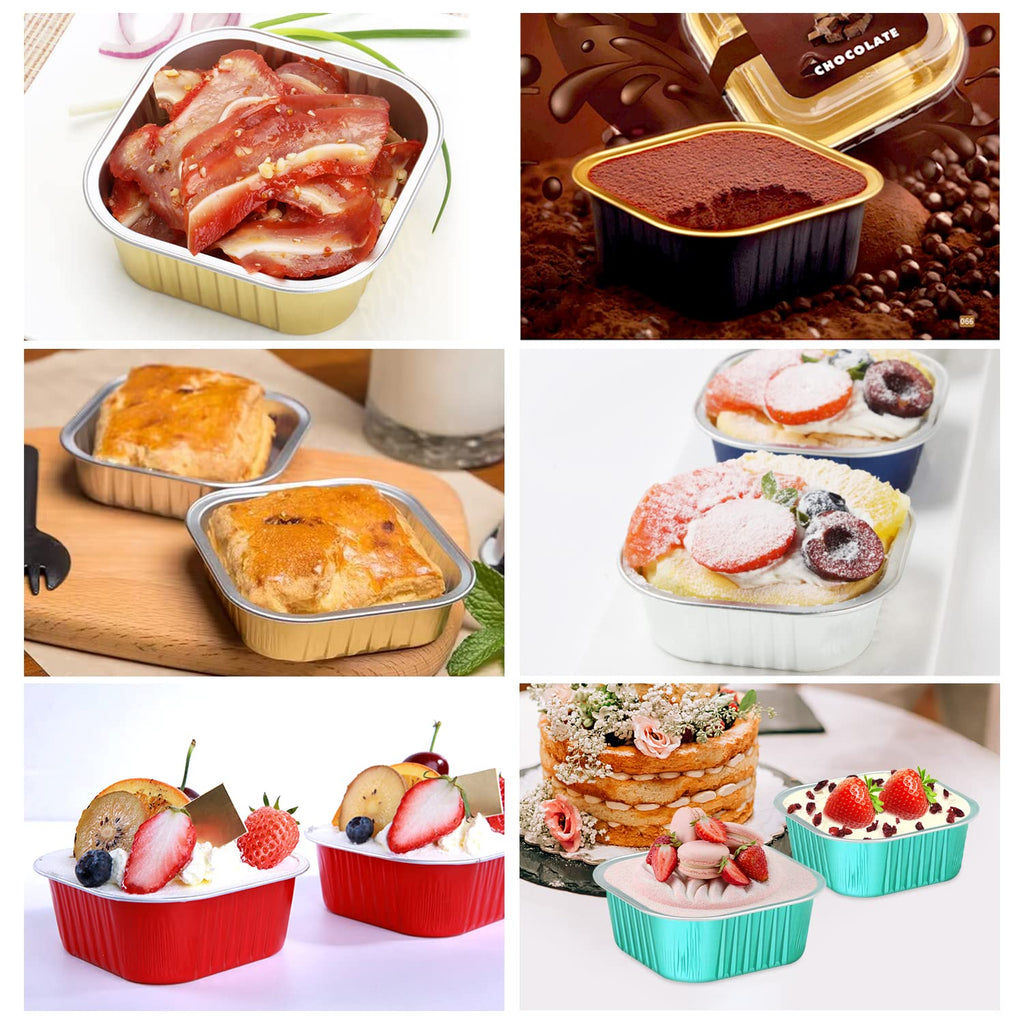 10oz Aluminum Brownie Pans 40 Pack,LNYZQUS Square 4”X4” Disposable Ramekins Cupcake Liners With Lids,Mini Cake Baking Pans,Large Muffin Tin Holders For Catering Gathering-Cyan Blue
