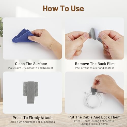 100pcs Hook and Loop Cable Ties, gliship Adhesive Wire Management, Adjustable Cable Straps Cord Wrappers Keeper Cord Holder, Sticky-Back Cord Organizer for Kitchen Appliances at Office, Home - Grey