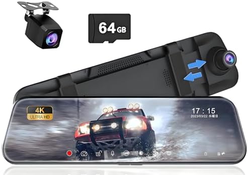10" Mirror Dash Cam, 4K FHD Rear View Mirror Camera with Smart Touch Screen, Dual Dash Camera for Cars, Loop Recording, G-Sensor, Reverse Assist,Parking Monitor,Night Vision,Free 64GB Card
