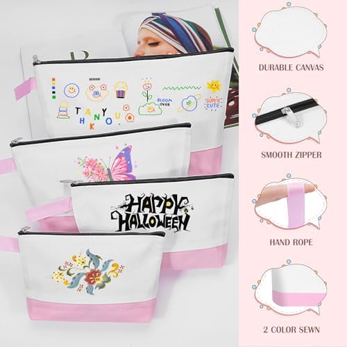 10 Pieces Cotton Canvas Makeup Bag with Bottom and Strap, Multi-Purpose Cosmetic Bag with Zipper Travel Toiletry Pouch, Blank DIY Craft Bag (White&Pink, S)