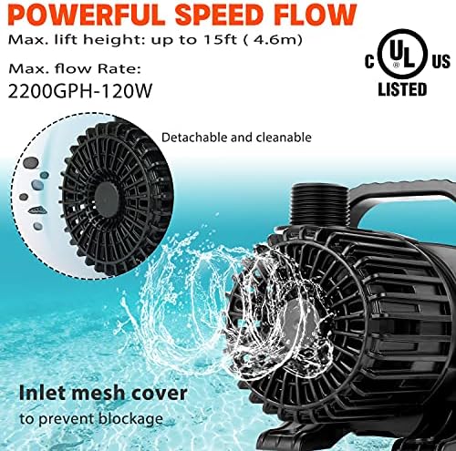 (2200GPH-120W,UL listed) High Flow Large Fountain Submersible Water Pond Sump Pump Aquarium Electric Waterfall Pump Outdoor PS-2200