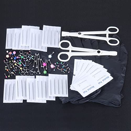 120PCS Body Piercing Kit Surgical Steel 14G 16G 20G BCR CBR Labret Lip Rings Cartilage Daith Earrings Nose Septum Nose Studs Belly Button Rings Piercing Jewelry Needles Gloves Clamps Tools