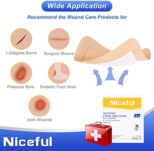 10 Packs Silicone Foam Dressing 5"x5", Silicone Foam Dressing with Border Adhesive Bandages for Wounds, HSA FSA Eligible, Large Foam Bandages for Pressure Sores Leg Ulcer