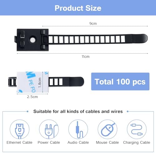 100PCS Adhesive Cable Ties Cable Clips, Self-adhesive Nylon Cable Straps, Adhesive Cable Management Clips for Wire Management (Black-Adhesive Cable Ties)