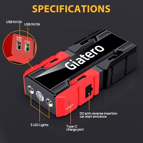 001 4000A Car Jump Starter, 12V Battery Jumper Starter Portable Jump Box(10.0L Gas/8.0L Diesel), Jump Start Battery Pack with 3 Modes Flashlight, Power Bank with USB Quick Charge & Type C Port