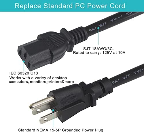 12FT Computer Monitor Replacement Power Cord -Black Long Standard PC Replace AC 3 Prong Power Supply Cord Heavy Duty 18AWG IEC C13 Power Cable NEMA 5-15P to C13 10A 125V for Monitor/TV/Computer