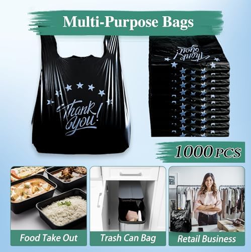 1000Count Black Bags, Thank you T shirt bag, Grocery shopping bag Reusable and Disposable Supermarket Bag 11''x6''x21''