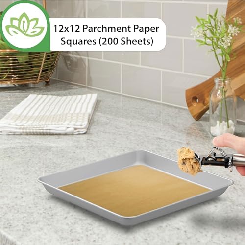 12x12 Parchment Paper Squares (200 Sheets), Unbleached, High Heat, Non-stick, Pre-cut Baking Paper for Dehydrator, Ninja Foodi Flip Air Fryer, Toaster Oven, and so much more.