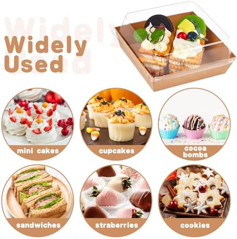 100 Pack Paper Charcuterie Boxes with Clear Lids, 4 Inches Brown Cookie Boxes Dessert Boxes Disposable Oil-Proof Food Containers for Sandwich, Cake Slice, Cupcake, Chocolate Covered Strawberry