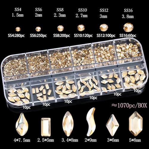 1070 Pieces Champagne Gold Nail Rhinestones for Nails Gold Stones for Nails Crystals 3D Nail Diamonds Art Decoration Crafts DIY (Champagne Gold)