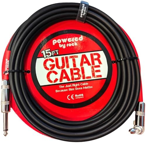 15ft Guitar Cable for Electric Guitar & Bass - Crystal Clear Instrument Cable & Tangle Free - 1/4 Inch Male to Male Inputs with a Right Angle Jack On One End to Secure Your Amp Cord