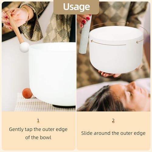 11 inch White D Note Sacral Chakra Quartz Crystal Singing Bowl, for Healing Mindfulness Meditation Yoga Sound Baths, with Rubber Mallet O-ring